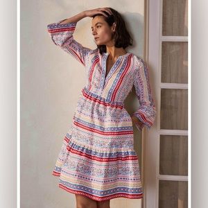 Boden Relaxed Tiered Linen Dress in Ivory Exotic Border Floral Heart Print